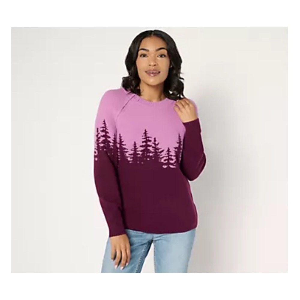 Denim & Co. Adaptive 5X Purple Tree Print Zipper Shoulder Sweater Knit Pullover‎